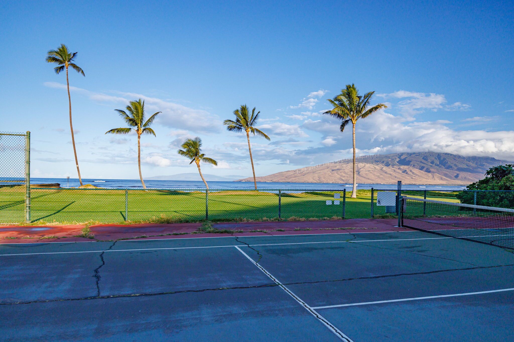 Een tennisbaan met een net, omgeven door een hek van gaas, palmbomen en een uitzicht op de oceaan en de bergen op de achtergrond.