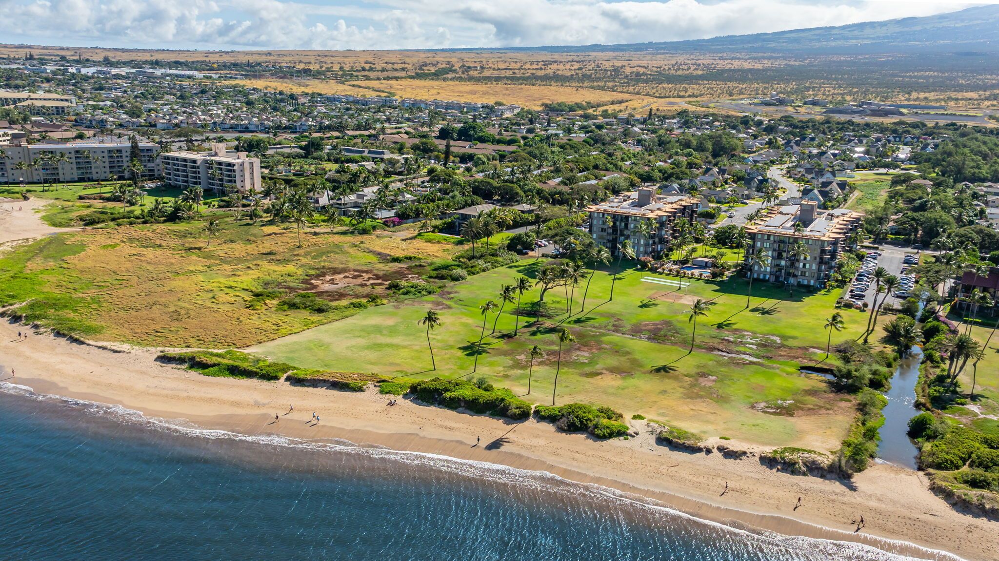 An aerial view of a coastal residential area with beachfront properties, a golf course, and a dense urban backdrop.