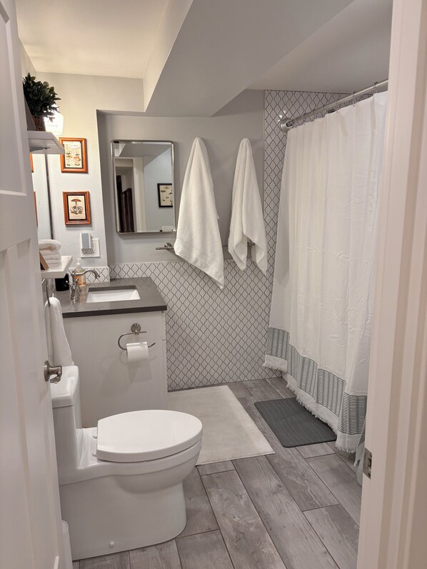 Hair dryer, towels, soap, shampoo