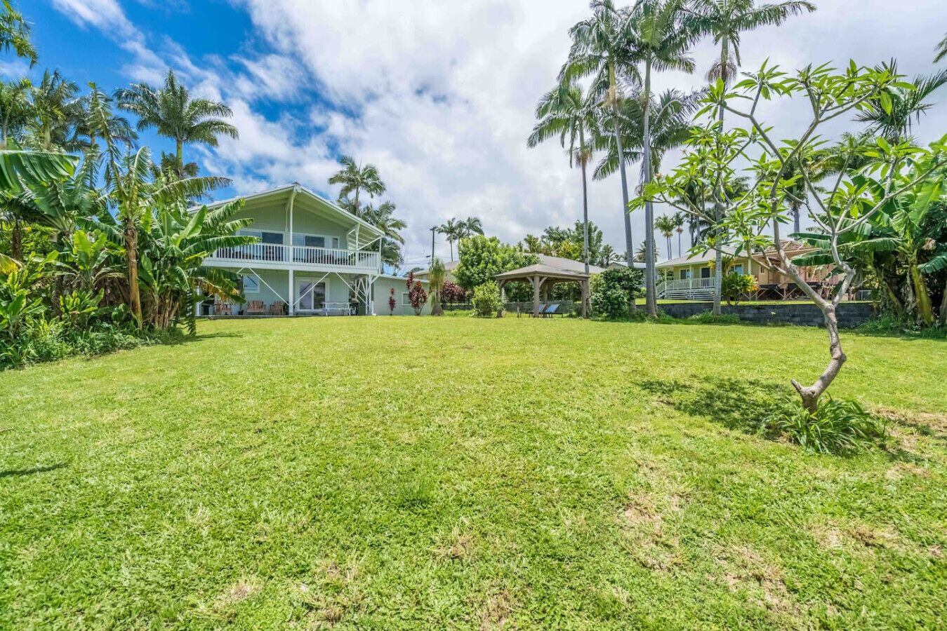 A large house with a spacious lawn, surrounded by tropical vegetation.