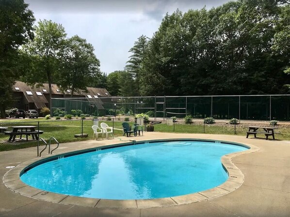 A swimming pool with a concrete deck, surrounded by trees and a fence.