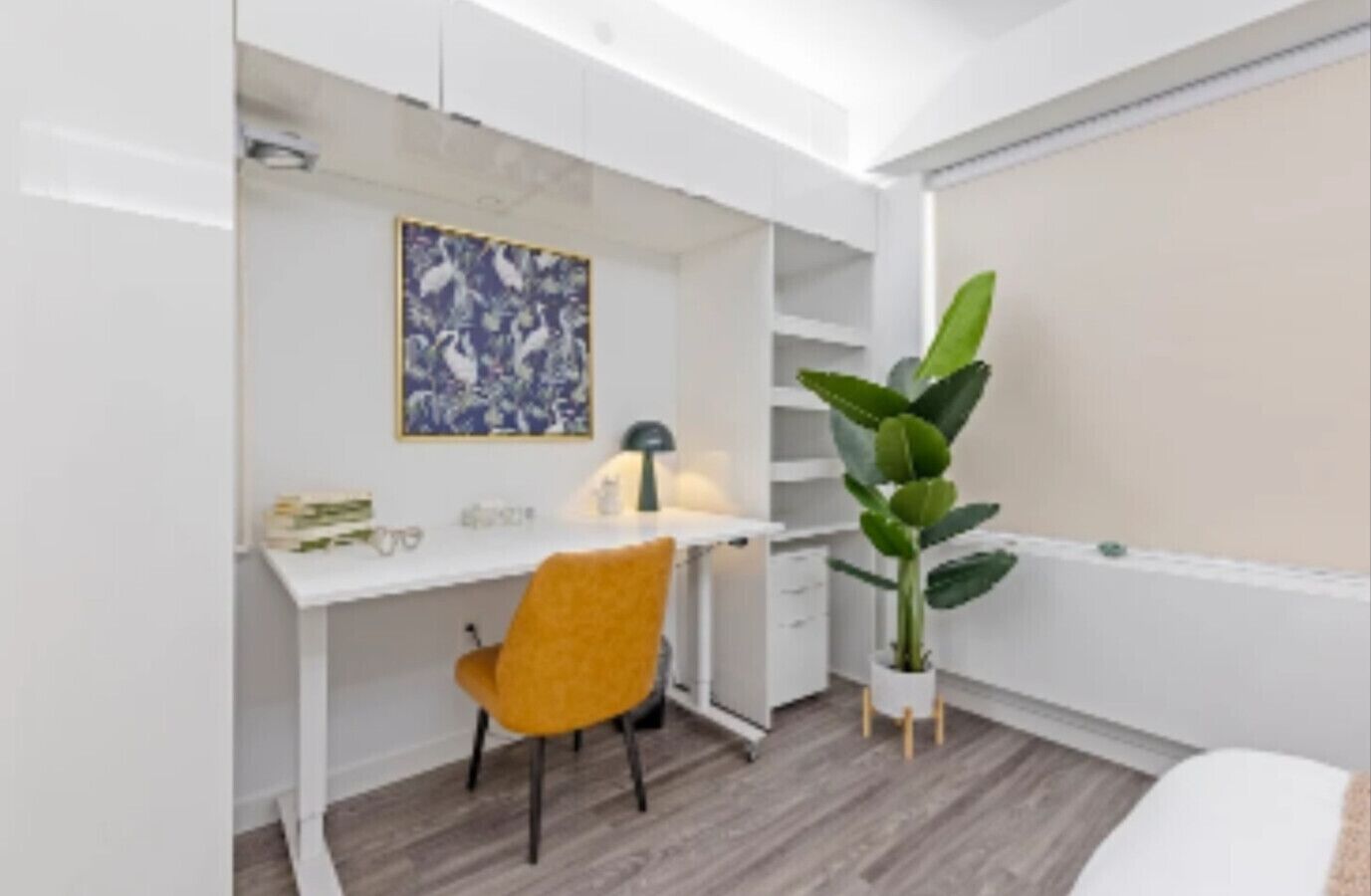Une pièce comprenant un bureau, une chaise, une plante en pot et un tableau encadré accroché au mur.