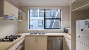 A modern kitchen with a gas stove, double sink, dishwasher, and a window with a view of buildings. - Chippendale Charmer in Ideal Location (Chippendale)