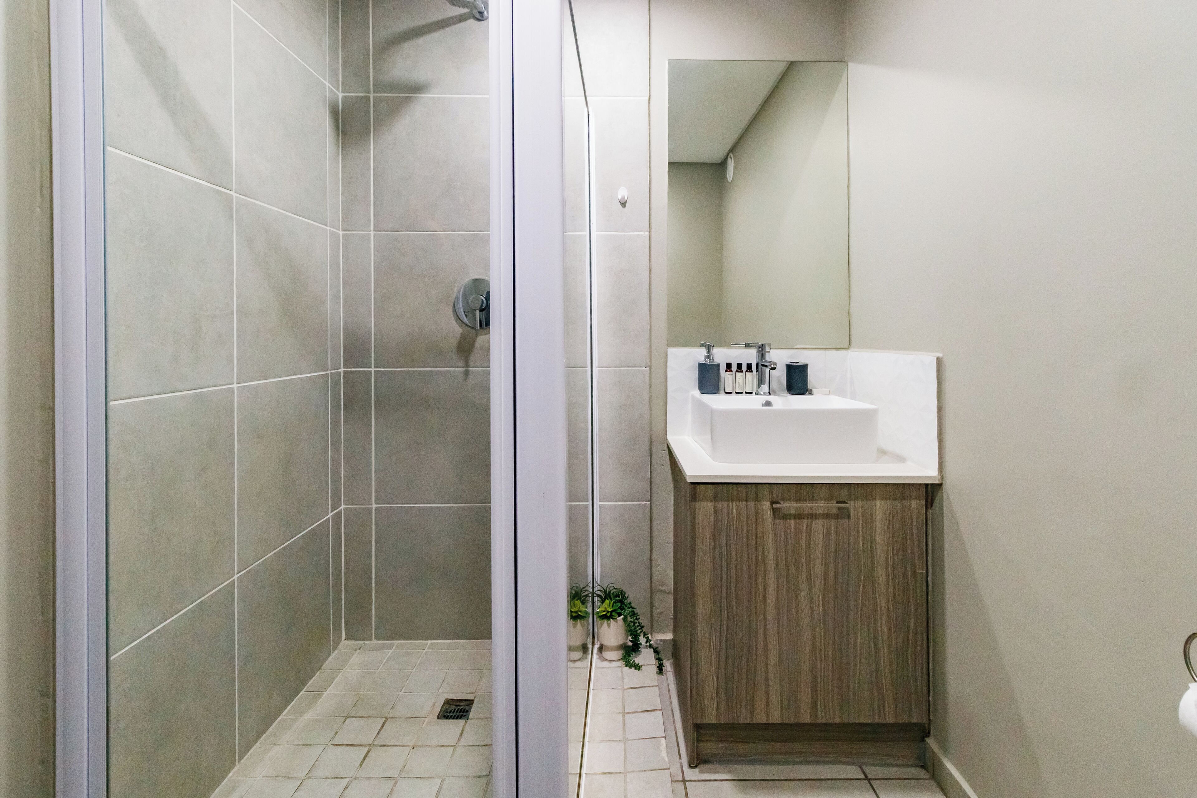 Een badkamer met een douche, een wastafel en een spiegel.