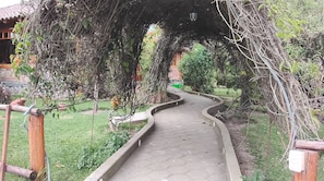 Un sendero bajo un arco cubierto de hiedra que conduce a un edificio con techo de tejas.