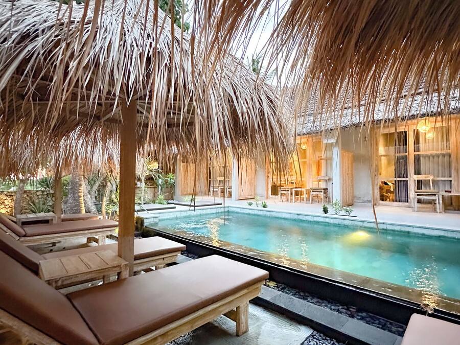 Outdoor pool, pool umbrellas, pool loungers