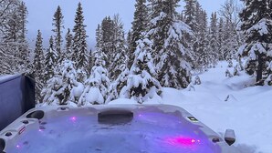 Et boblebad i en snæhreget skov.