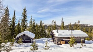 To hytter i en snøklædt skov under en klar himmel.