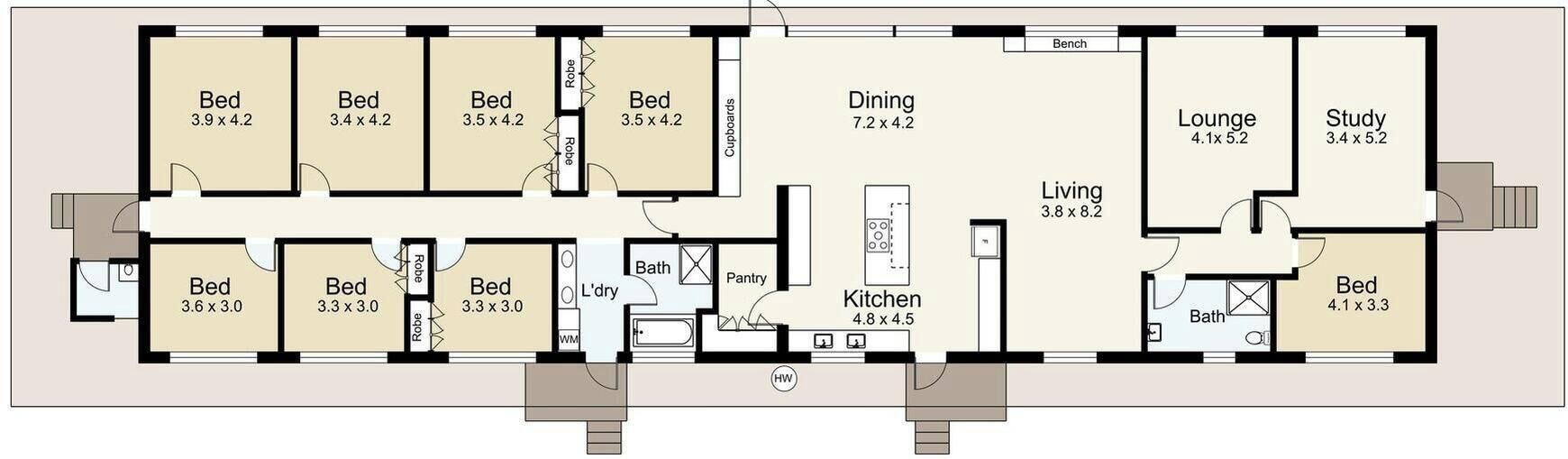Un plan d’étage comprenant plusieurs chambres, un coin repas, une cuisine, un salon, un espace détente et un bureau.