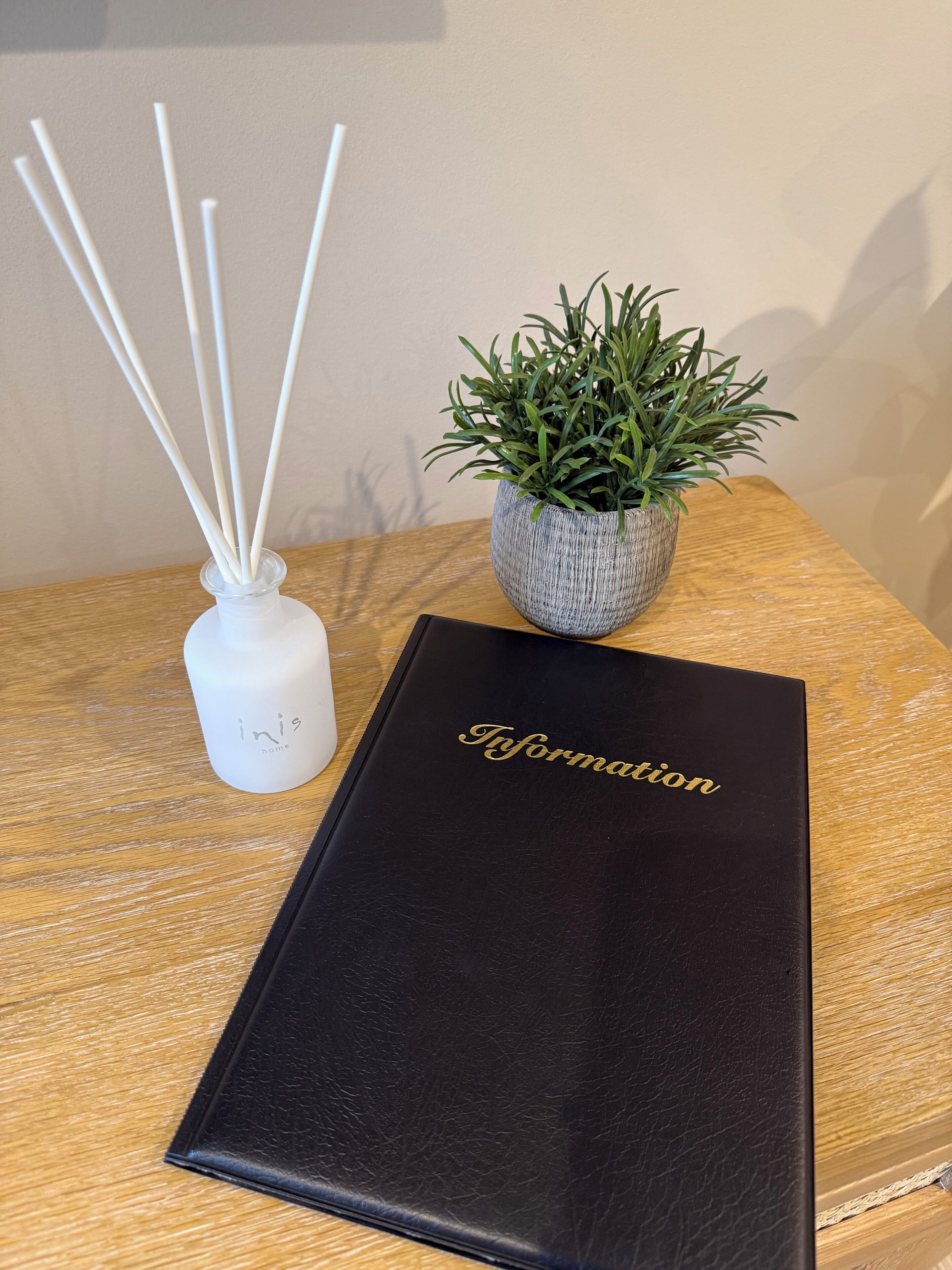 Un classeur noir avec le mot «Information» en relief, une petite plante en pot et une bouteille blanche contenant des tiges en roseau, le tout posé sur une surface en bois.
