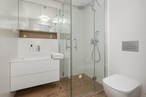 A modern bathroom with a glass shower enclosure, a white toilet, and a vanity with a mirror and storage. - Holiday Studio Near the Beach, Pool, Sauna (Rewal)