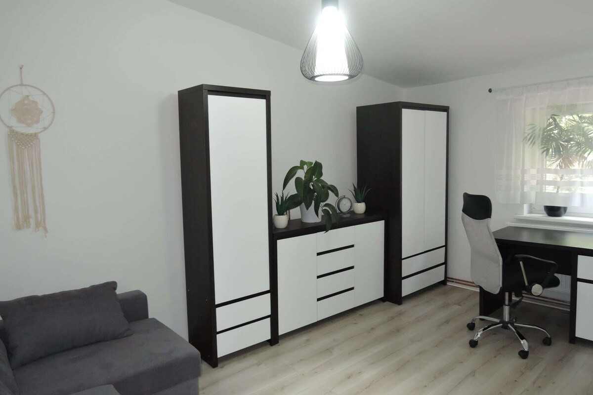 Una habitación con escritorio, silla, armario y sofá.