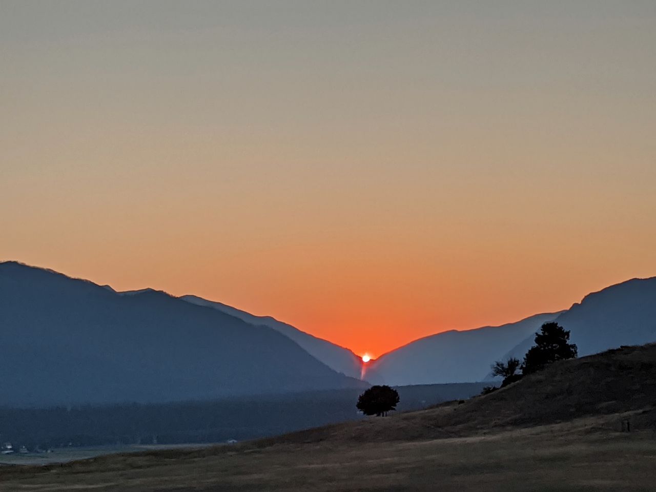 Un coucher de soleil sur un paysage montagneux, avec un arbre isolé au premier plan.