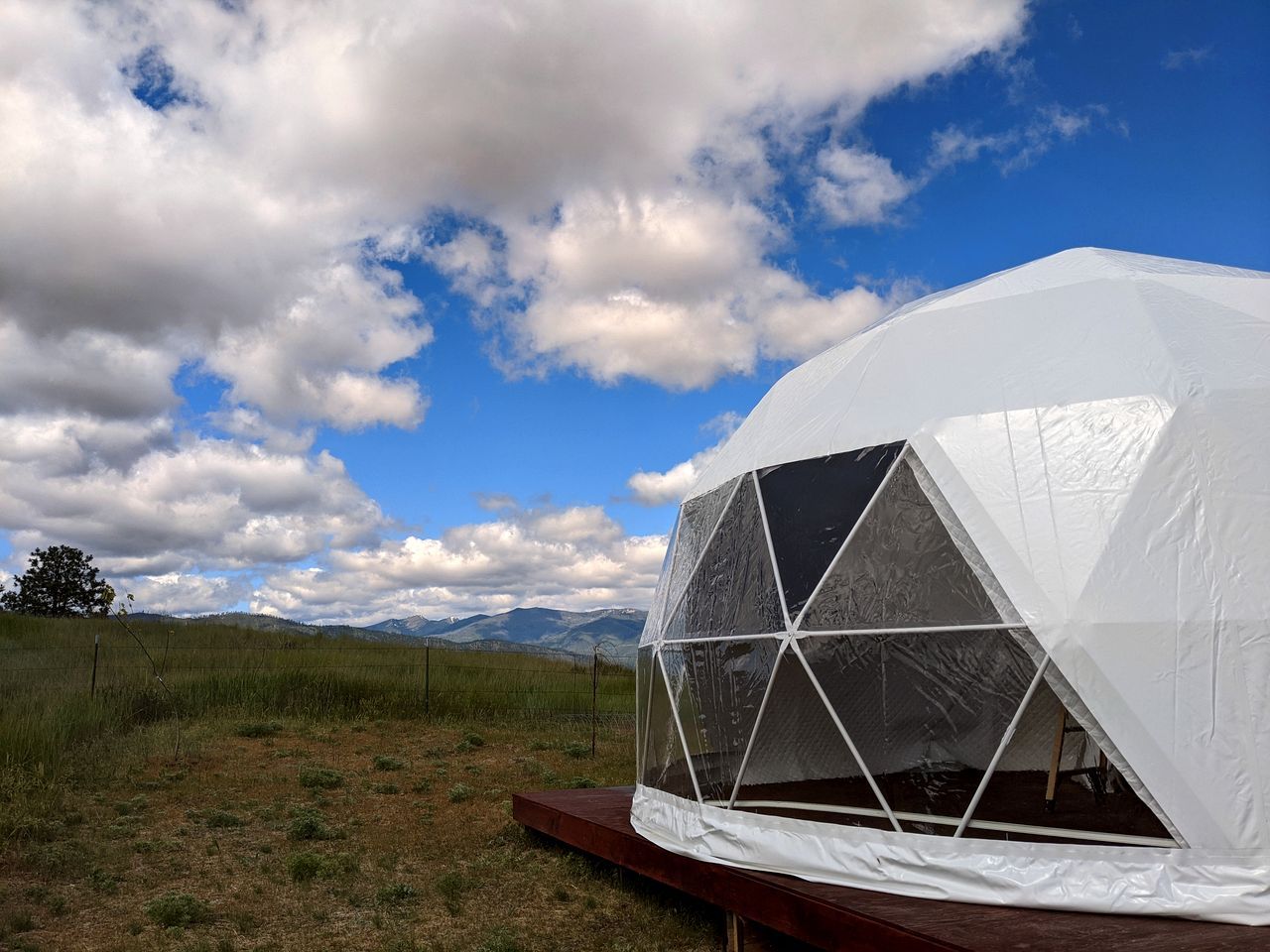 A geodesic dome structure with a clear view of the surrounding landscape, including grass, a fence, and distant mountains.