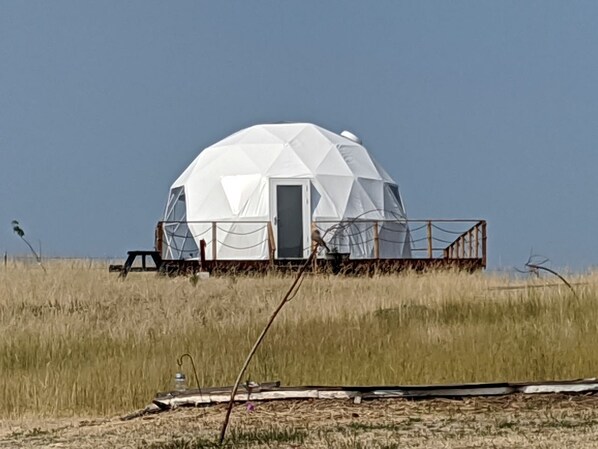 A geodesic dome structure with a door and a small porch.