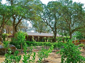 A building surrounded by trees and a garden.