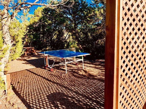 Una mesa de ping pong en un espacio al aire libre con un cerco de madera y árboles de fondo.