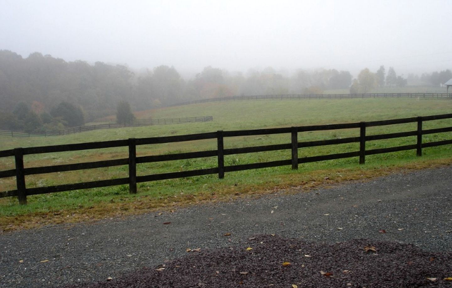 A rural road with a wooden fence, a grassy field, and a foggy background.
