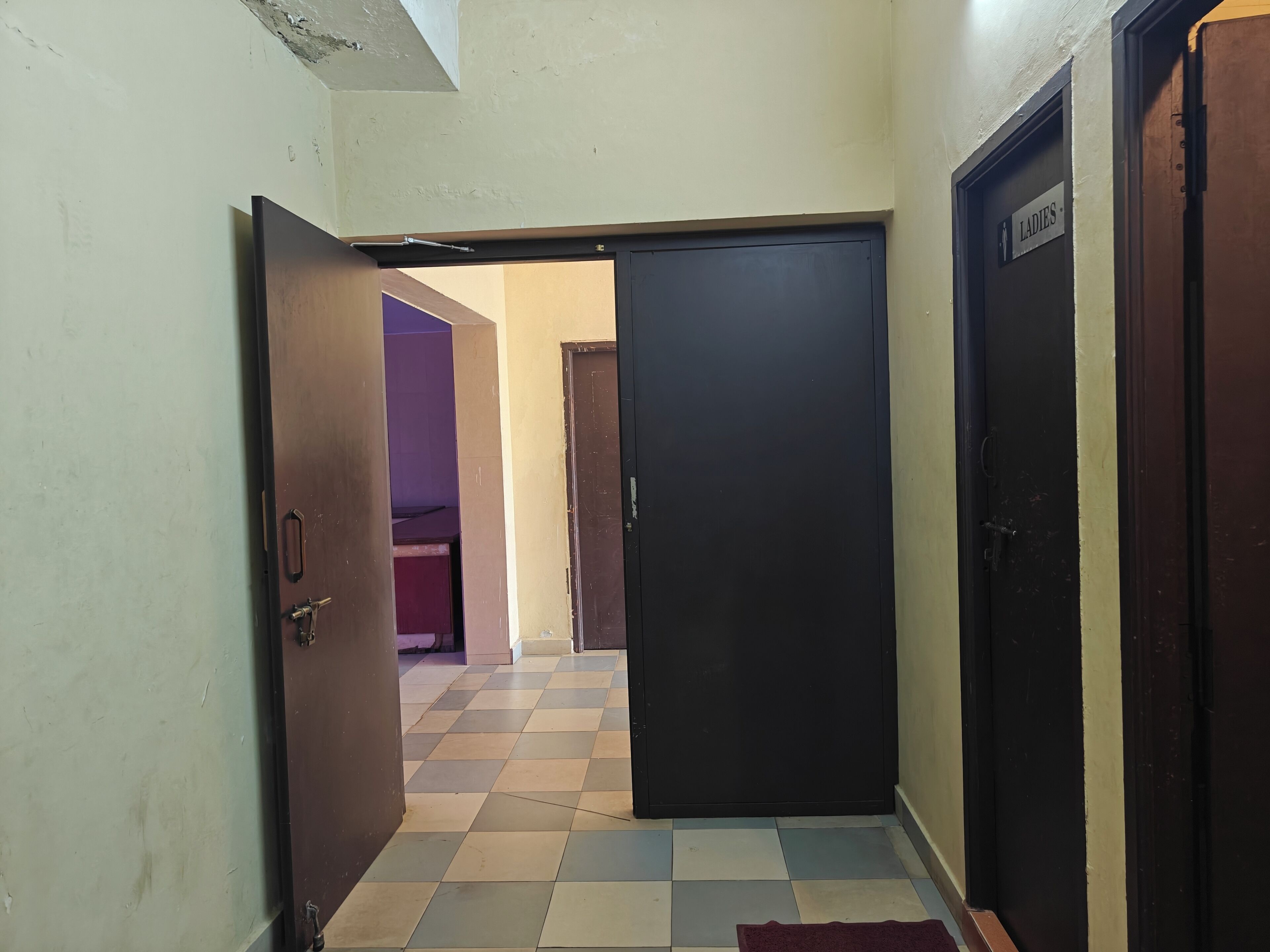 A hallway with a checkered floor, a closed door labeled 'LADIES,' and a partially open door leading to another room.