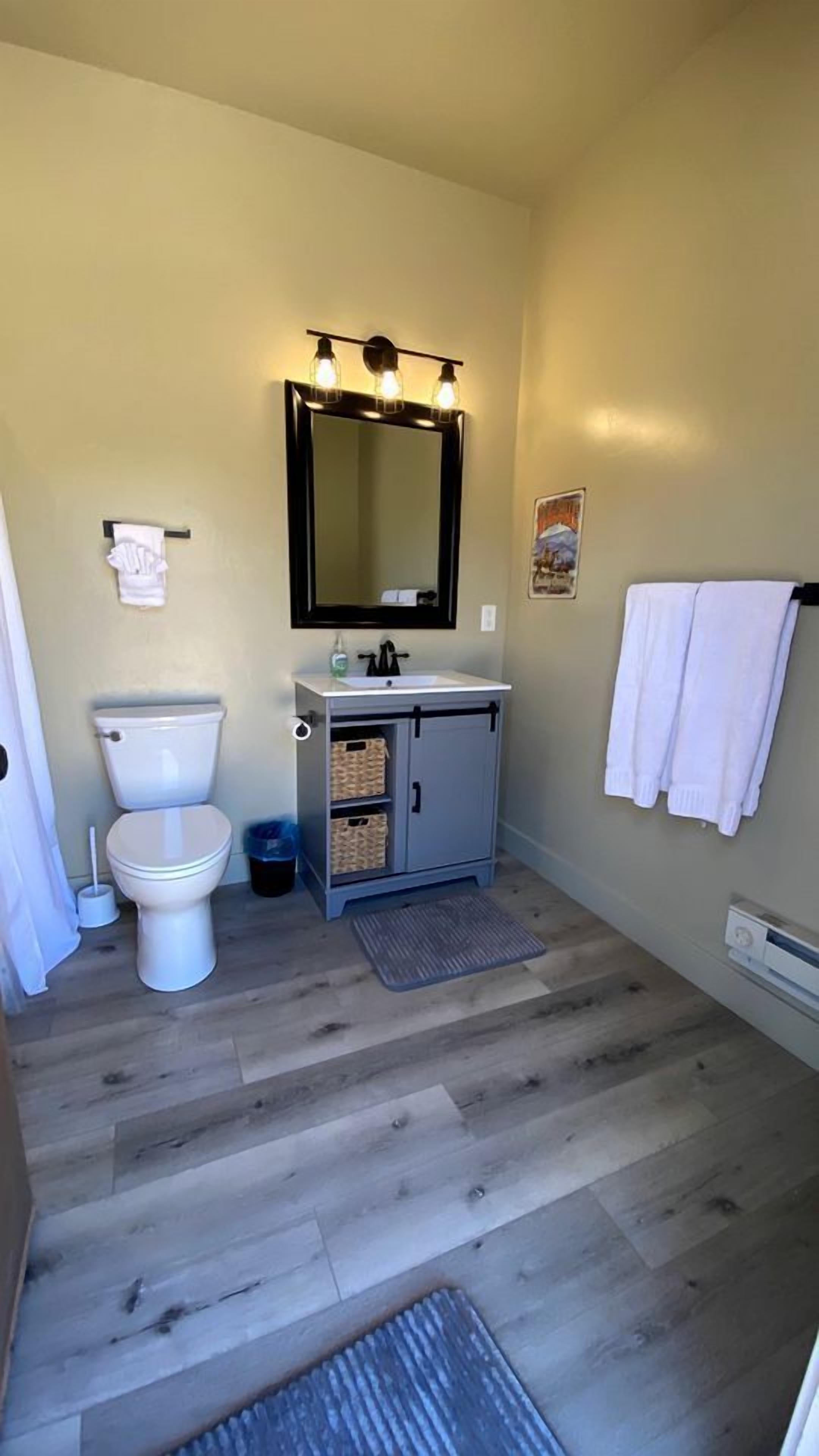 Hair dryer, towels, soap, shampoo