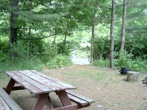 Ein Picknicktisch in bewaldeter Landschaft mit Blick auf einen Fluss.