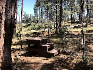 A rustic picnic table in a forested area with trees and a dirt ground. - Cabin Getaway near to Pine, Arizona that is Perfect for a Family Vacation (Pine)