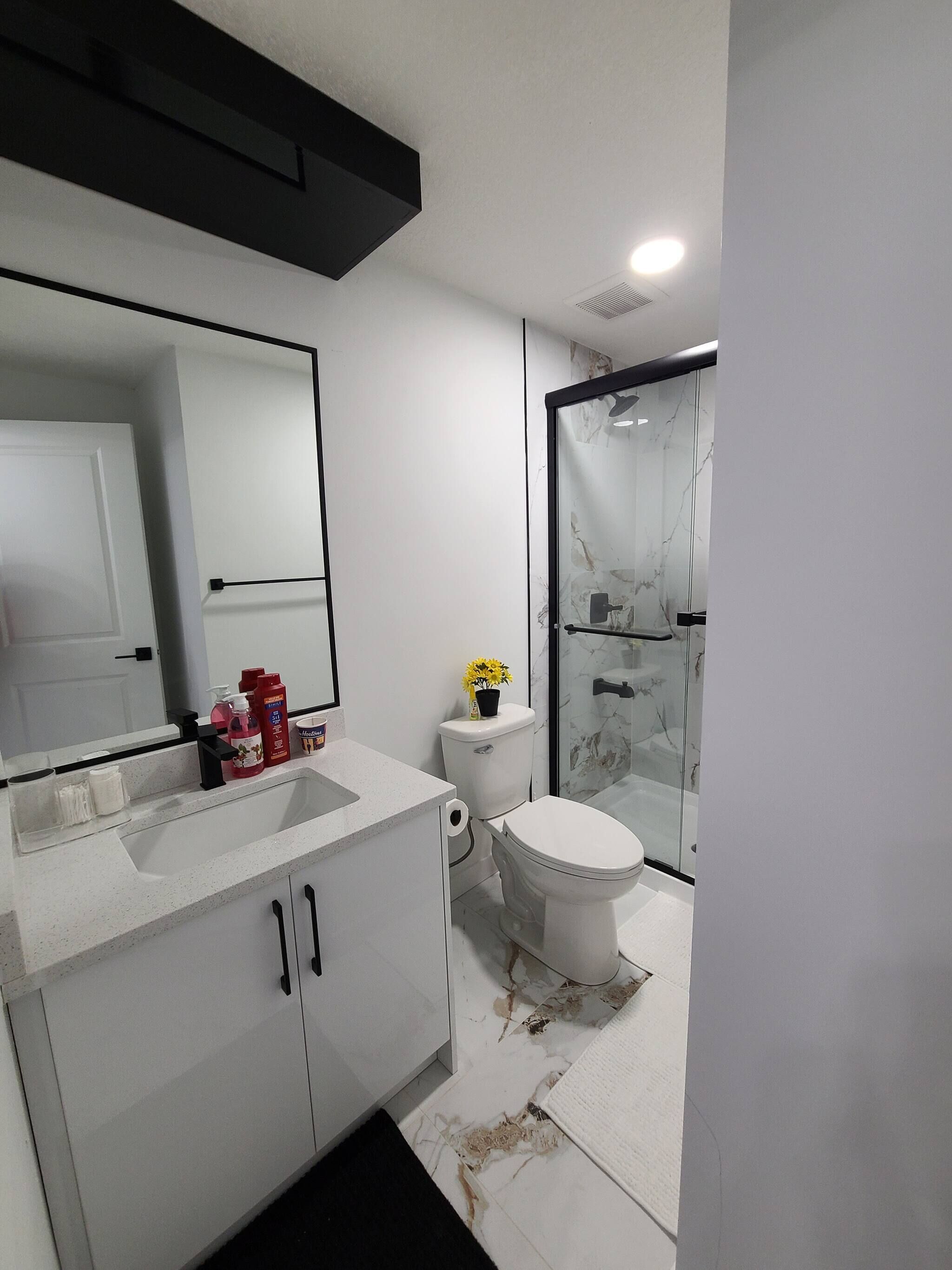 A modern bathroom with a white sink, mirror, toilet, and glass shower enclosure.