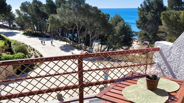 Una terraza de madera con vista a la playa y el océano, una mesa con una planta y una barandilla.