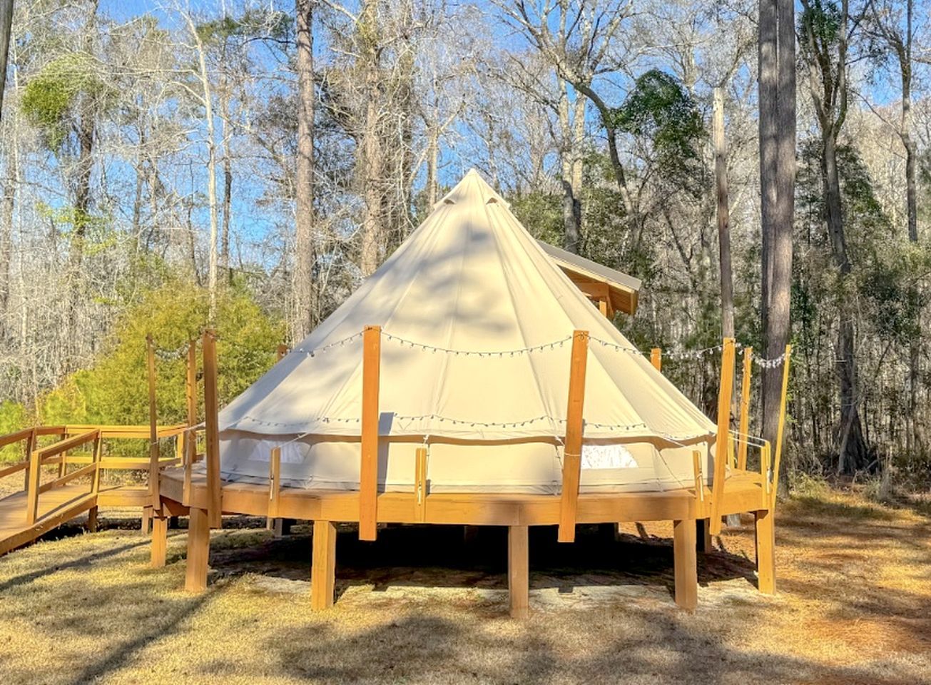 A dome-shaped tent with a wooden frame and a platform, surrounded by trees.
