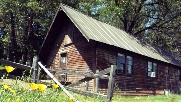 Una cabaña de madera rústica con techo inclinado, rodeada por una valla de madera y un área verde con flores amarillas.
