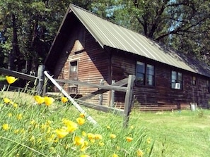 A rustic wooden cabin with a sloped roof, surrounded by a wooden fence and a grassy area with yellow flowers. - Rustic Cabin Rental in a Wild Meadow near Crater Lake National Park, Oregon (Prospect)