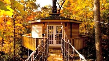 A wooden treehouse with a rope bridge, surrounded by autumn foliage.