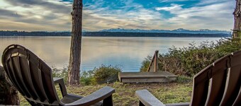 Incredible Sunset at Beachfront Glamping Cabin on Private, Herron Island with Fire Pit and Kayaking near Olympia, Washington
