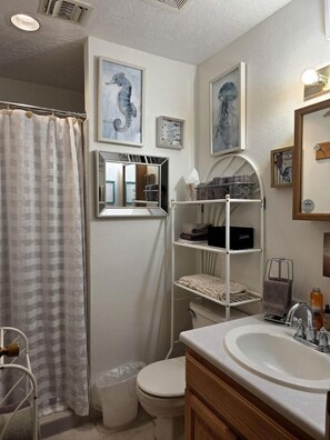 Hair dryer, towels, soap, shampoo