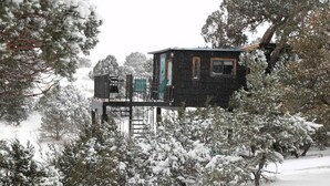 Una cabaña con terraza, rodeada de árboles cubiertos de nieve.