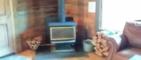 Un interior de madera con chimenea, un sofá y una ventana.