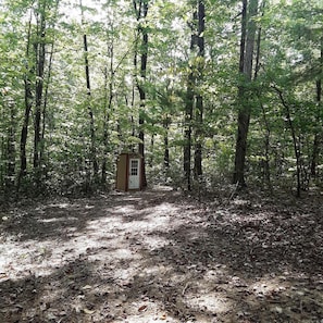 A forested area with a small, single-story building with a door and windows, surrounded by trees and leaf-covered ground. - Remote Equipped Bell Tent Surrounded by Nature with Great Hiking Trails in Virginia (Mount Solon)