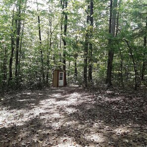 A forested area with a small, single-story building with a door and windows, surrounded by trees and leaf-covered ground. - Remote Equipped Bell Tent Surrounded by Nature with Great Hiking Trails in Virginia (Mount Solon)