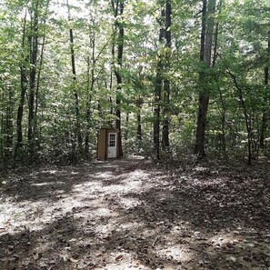 A forested area with a small, single-story building with a door and windows, surrounded by trees and leaf-covered ground. - Remote Equipped Bell Tent Surrounded by Nature with Great Hiking Trails in Virginia (Mount Solon)