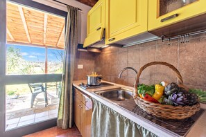 A kitchen with yellow cabinets, a stainless steel sink, and a window overlooking a patio.