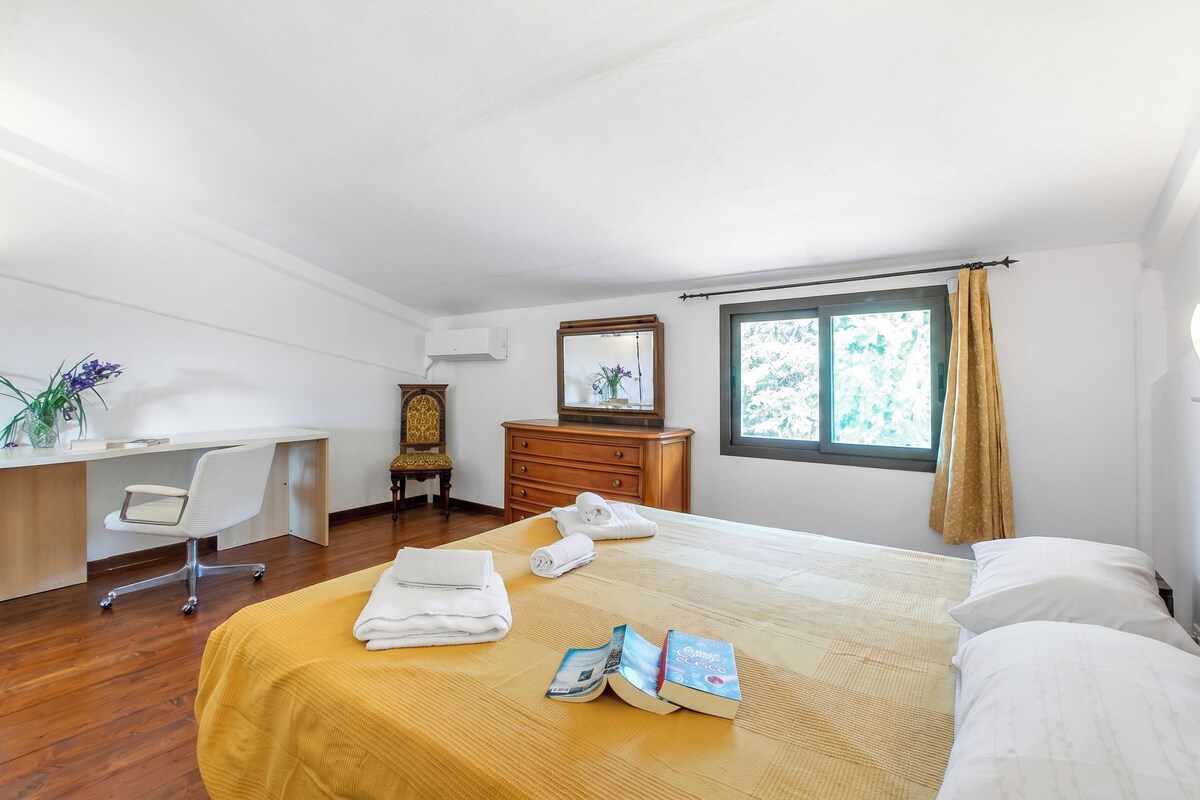 A hotel room with a bed, a desk, a chair, a dresser, and a window with curtains.