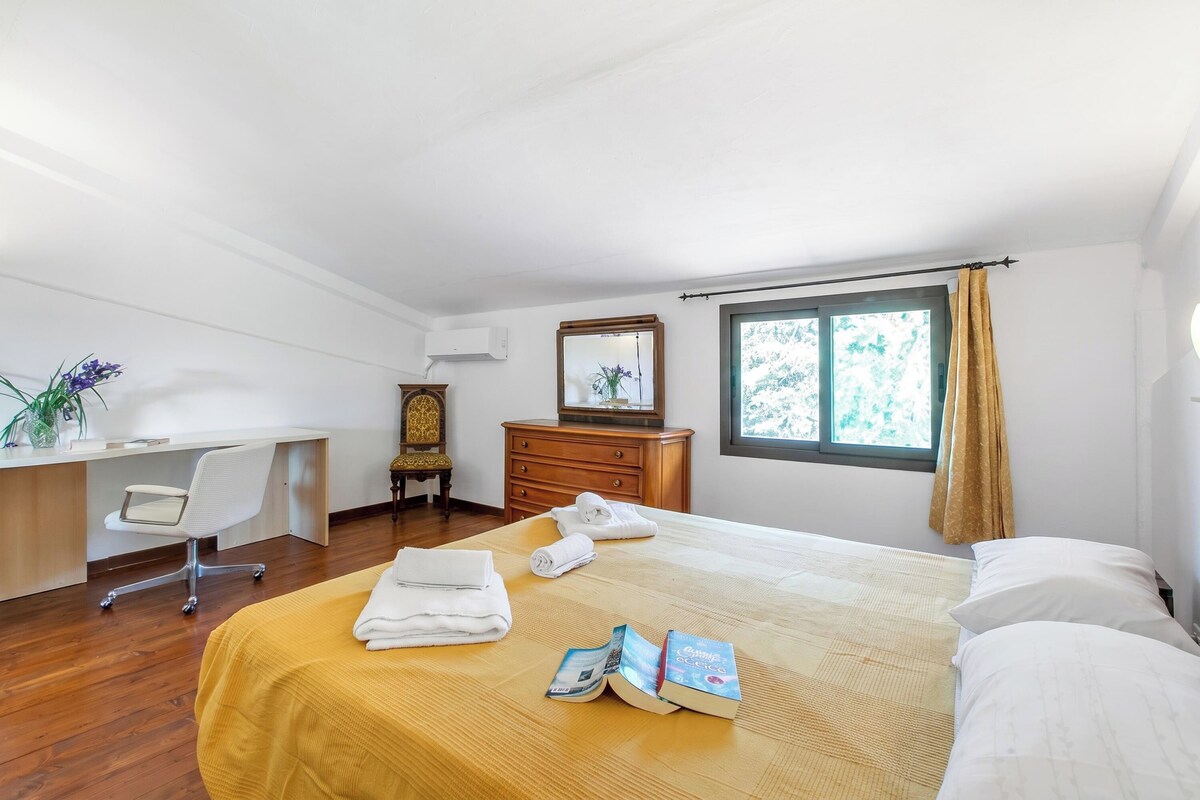 A hotel room with a bed, a desk, a chair, a dresser, and a window with curtains.