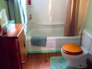Une salle de bain avec des toilettes, une baignoire, un meuble en bois et un tapis vert.