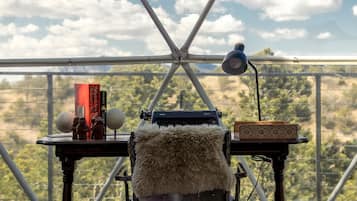 A room with a typewriter, a lamp, and books on a desk by a window with a view of trees.