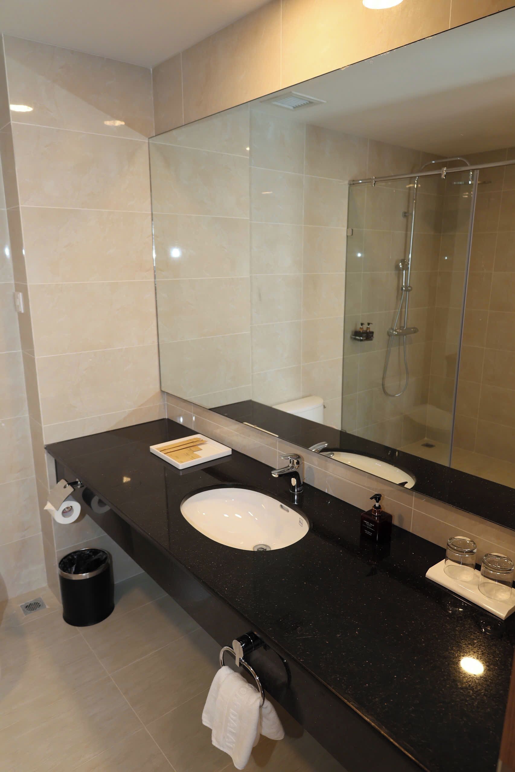 Une salle de bain moderne avec un grand miroir, un lavabo, une douche et des toilettes.