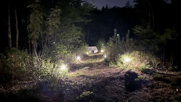 A nighttime scene with a path leading to a lit structure in a forested area.