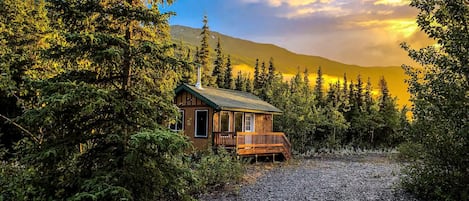 A cabin with a porch, surrounded by dense forest and mountains.