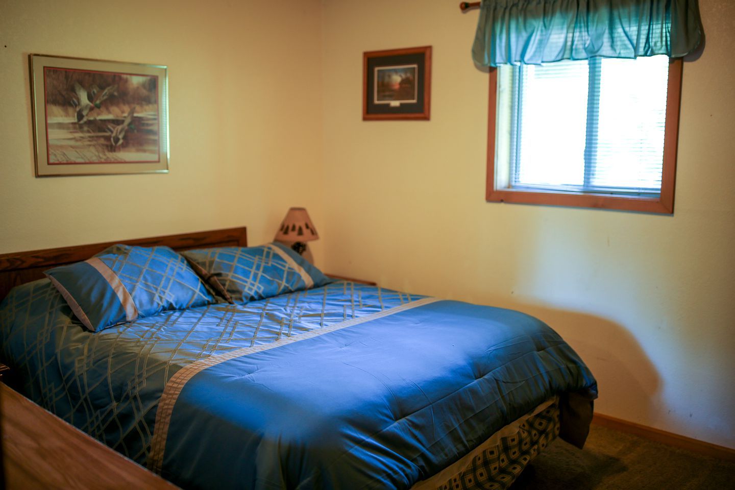 Un dormitorio con cama, mesita de noche, lámpara, ventana con cortinas y dos cuadros en la pared.