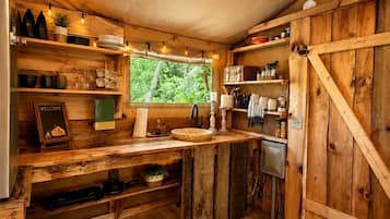 A rustic kitchen with wooden shelves, a sink, and a window overlooking greenery.