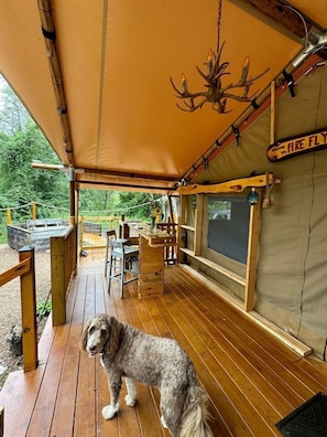 Une terrasse en bois avec un chien, une table, des chaises et un panneau sur lequel on peut lire : « Bienvenue à Firefly ».